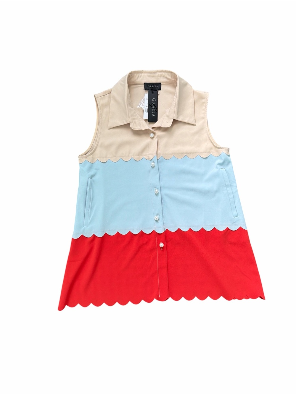 Gracia Scallop-Trim Sleeveless Button Front Top Medium